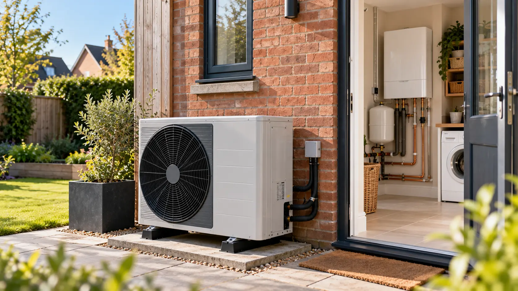 heat pump on the external wall of a house and an electric boiler inside the house