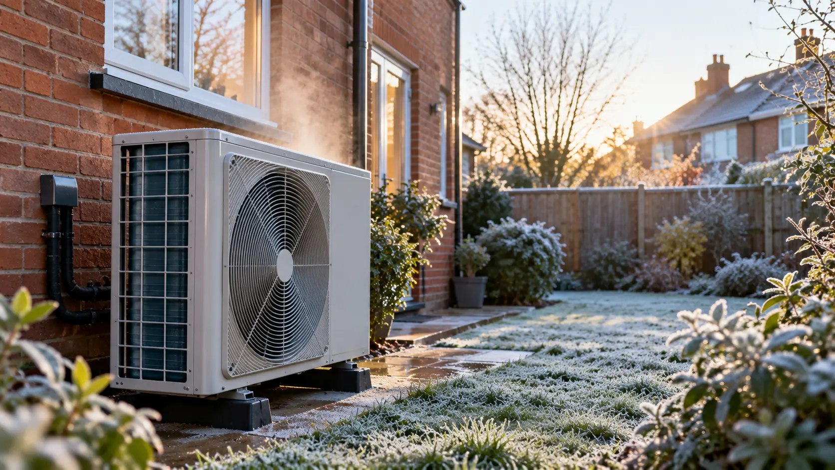 Air source heat pump beside a brick semi-detached house on a frosty morning with a gentle plume of vapour rising from the unit