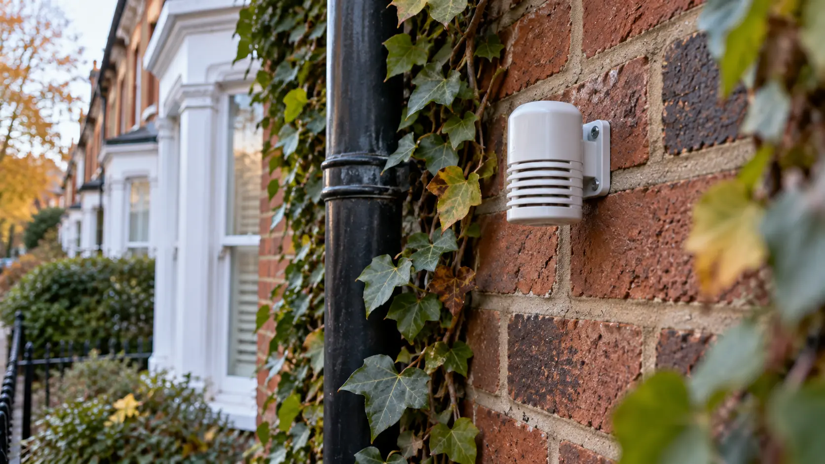 Small white outdoor temperature sensor for boiler weather compensation mounted on the shaded brick wall of a terraced house